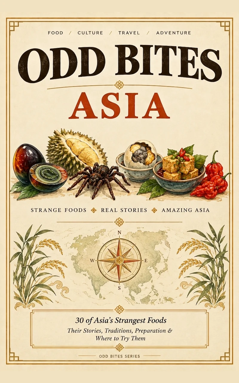Odd Bites Asia illustrated cover with durian, tarantula, eggs and chillies