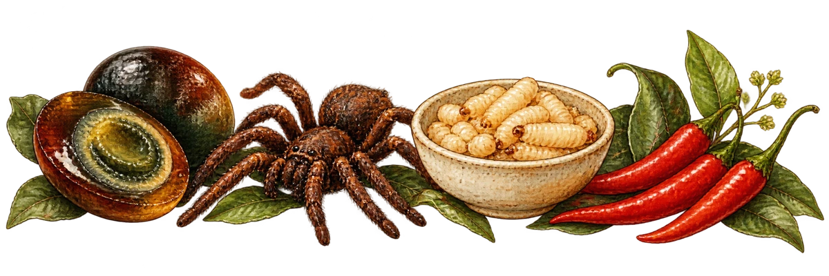 Watercolour illustration of a century egg, edible tarantula, ant larvae and red chillies